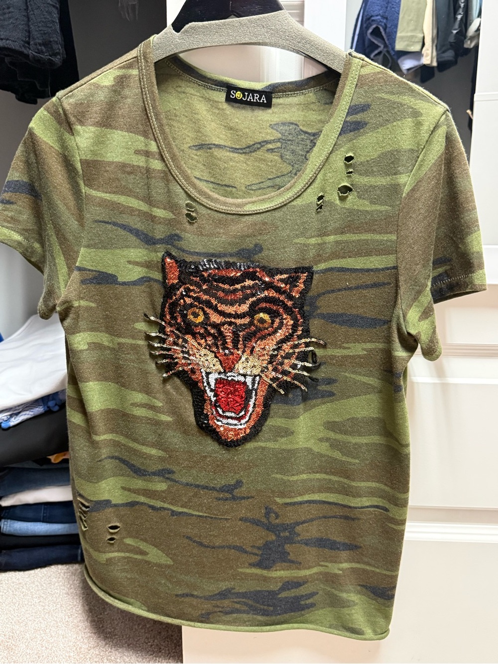 Sojara Women's Green Camo Short-Sleeve Tee with Tiger Patch